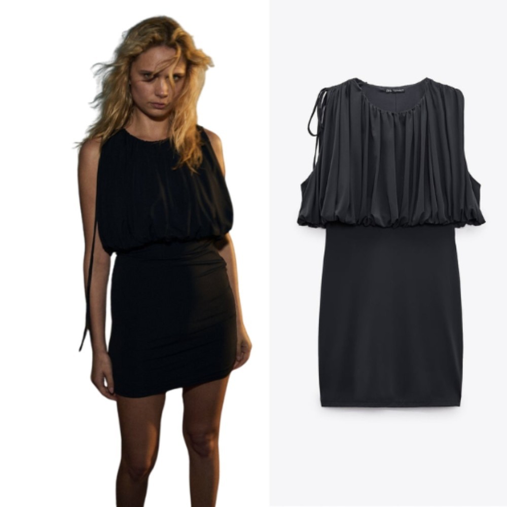 NEW ZARA WOMENS DRAPED MINI BALLOON DRESS DARK GRAY Size M